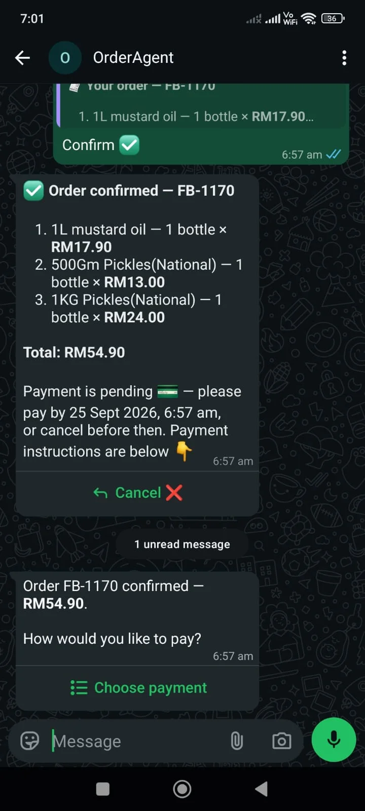An order confirmed and awaiting a payment choice