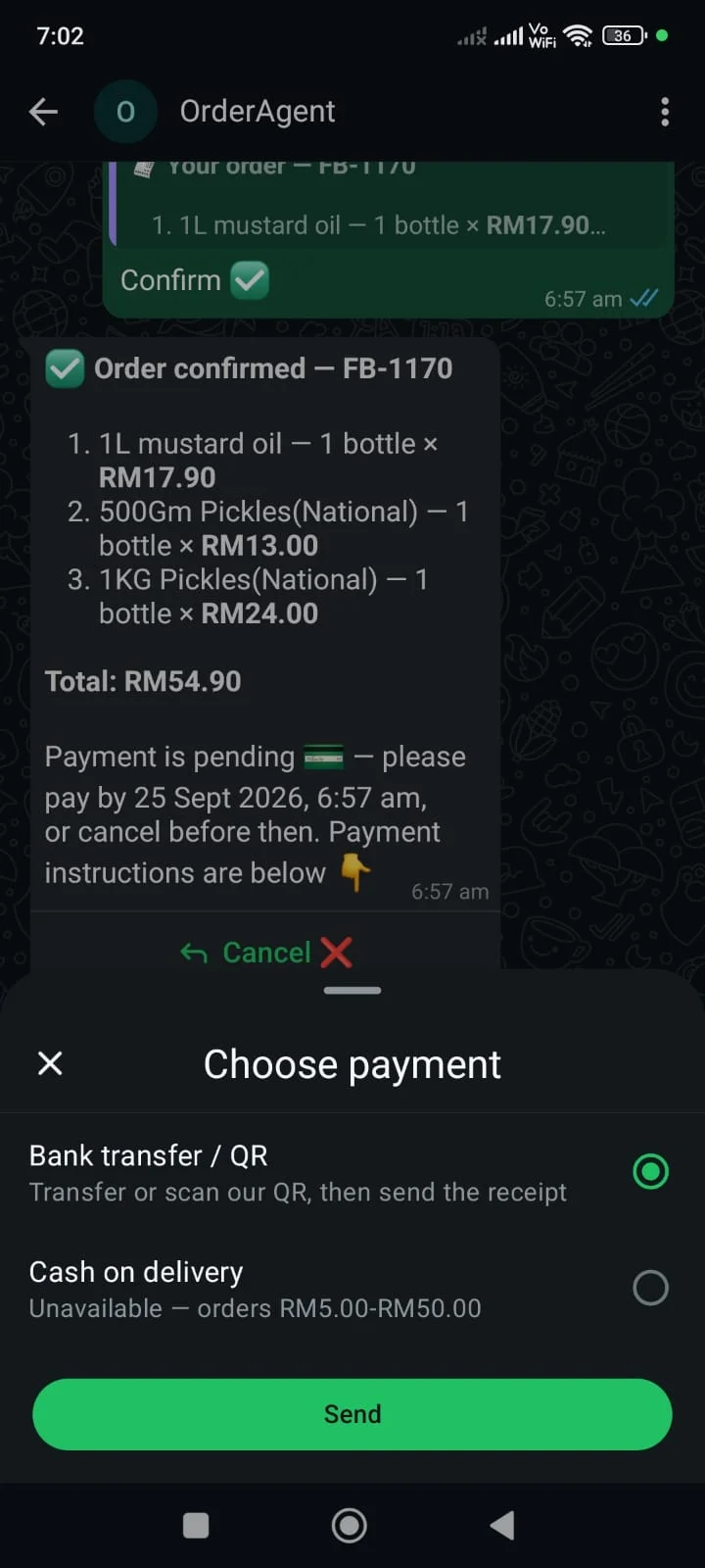 Choosing bank transfer or cash on delivery