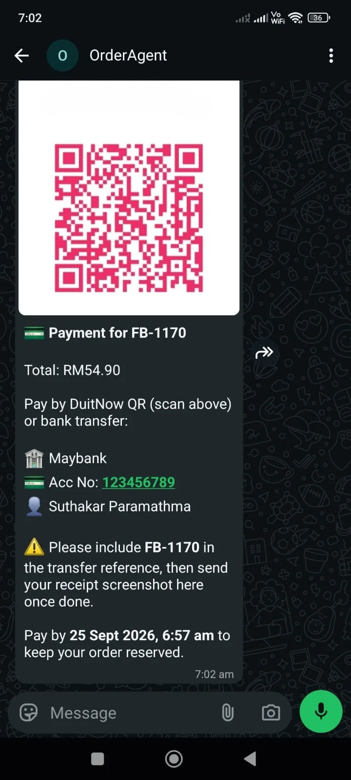 The QR code and bank details sent after choosing bank transfer